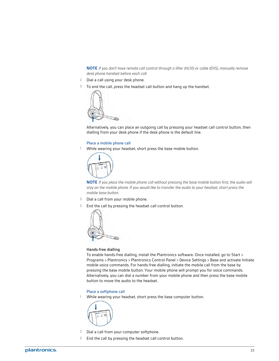 Place a mobile phone call, Hands-free dialling, Place a softphone call | Plantronics Savi 720-M User Manual | Page 22 / 35