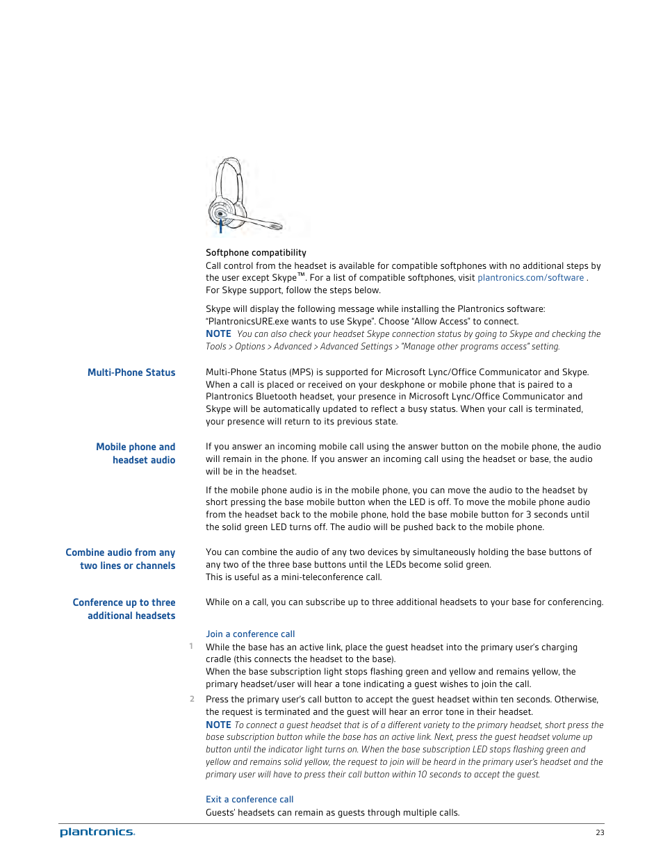 Softphone compatibility, Multi-phone status, Mobile phone and headset audio | Combine audio from any two lines or channels, Conference up to three additional headsets, Join a conference call, Exit a conference call | Plantronics Savi 720-M User Manual | Page 23 / 35