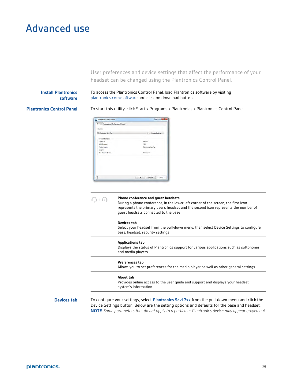 Advanced use, Install plantronics software, Plantronics control panel | Devices tab | Plantronics Savi 720-M User Manual | Page 25 / 35