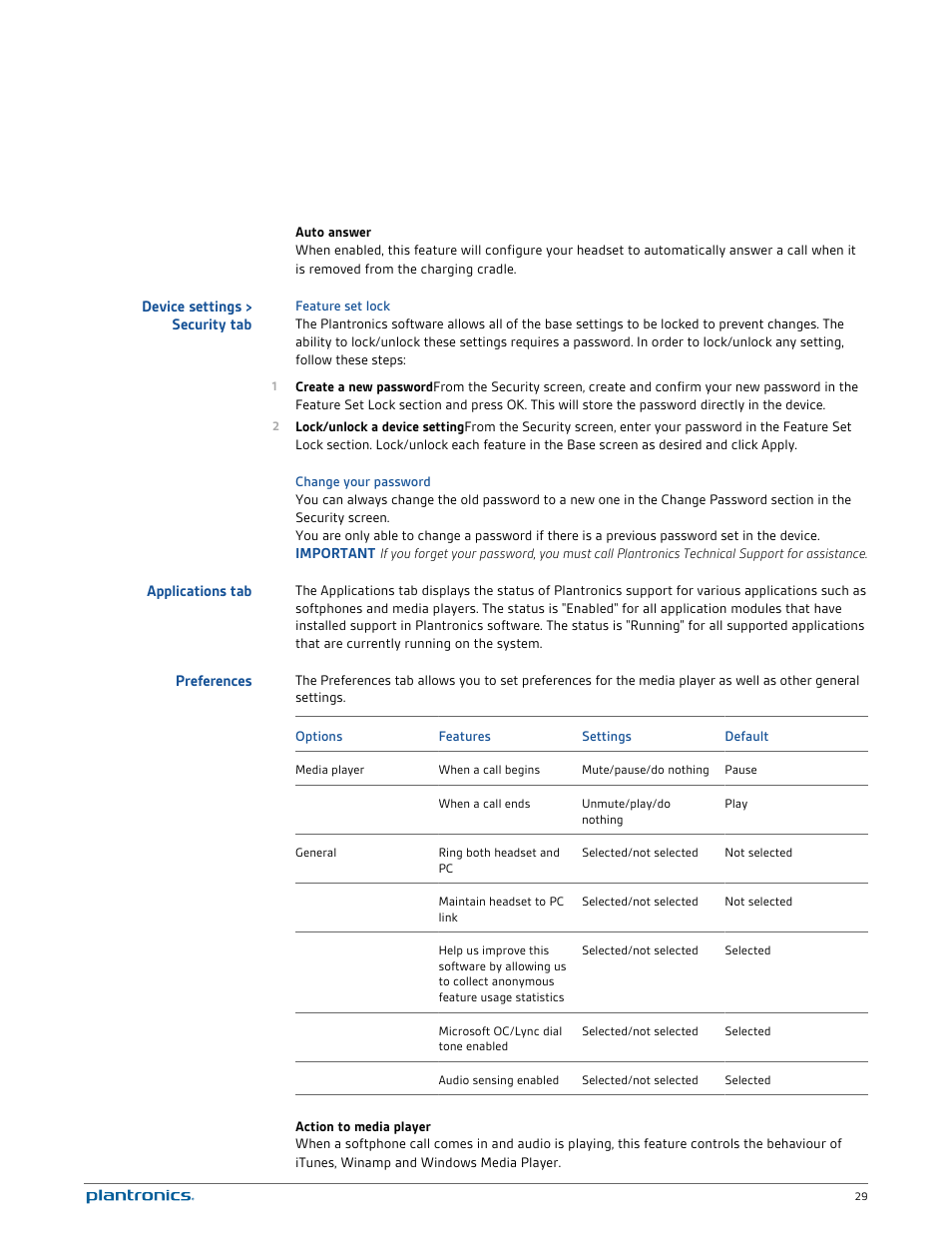 Device settings > security tab, Feature set lock, Change your password | Applications tab, Preferences | Plantronics Savi 720-M User Manual | Page 29 / 35