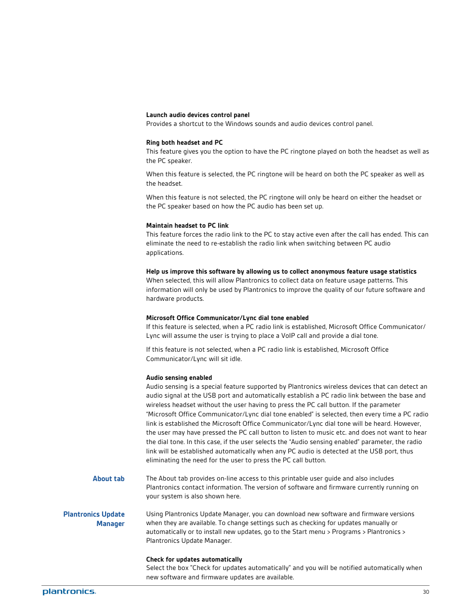 About tab, Plantronics update manager | Plantronics Savi 720-M User Manual | Page 30 / 35