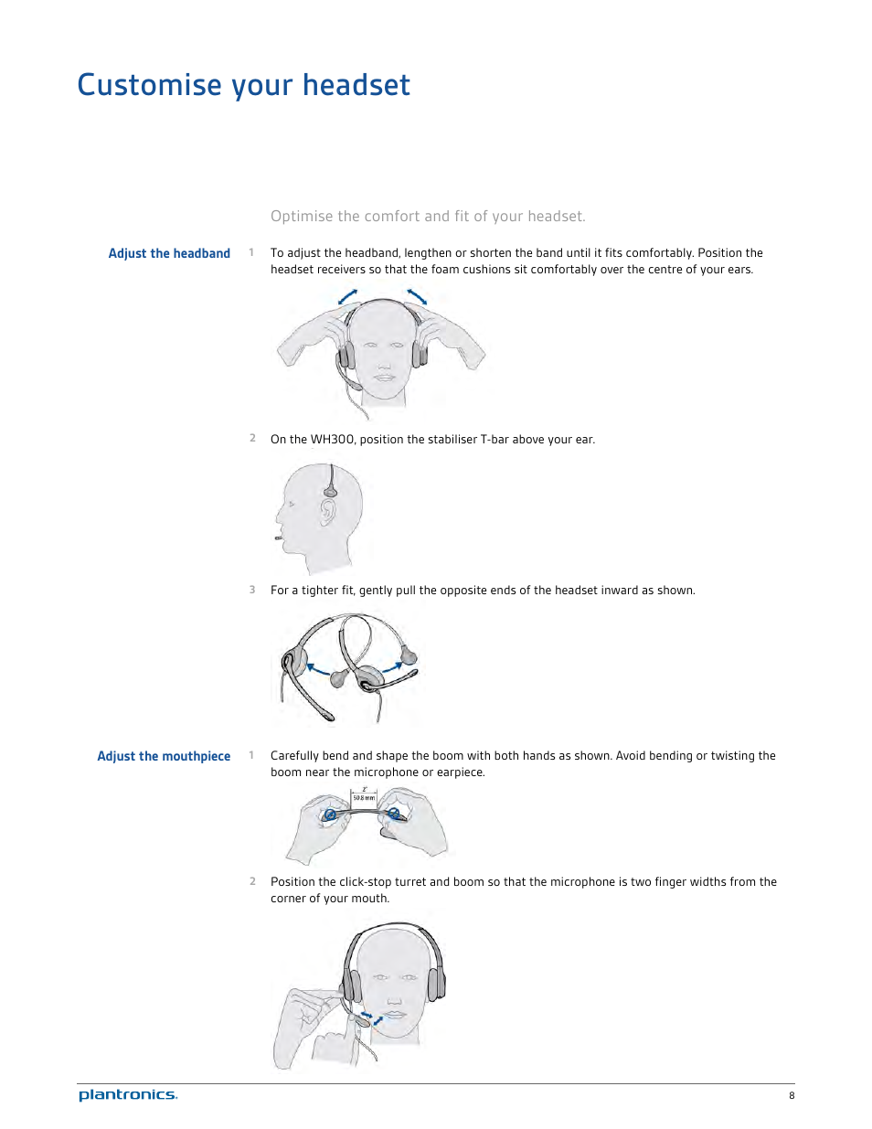 Customise your headset, Adjust the headband, Adjust the mouthpiece | Plantronics Savi 720-M User Manual | Page 8 / 35