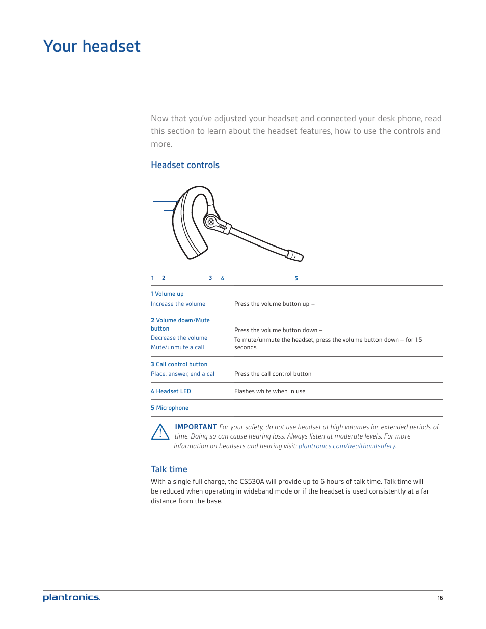 Your headset, Headset controls, Talk time | Plantronics CS530 User Manual | Page 16 / 22