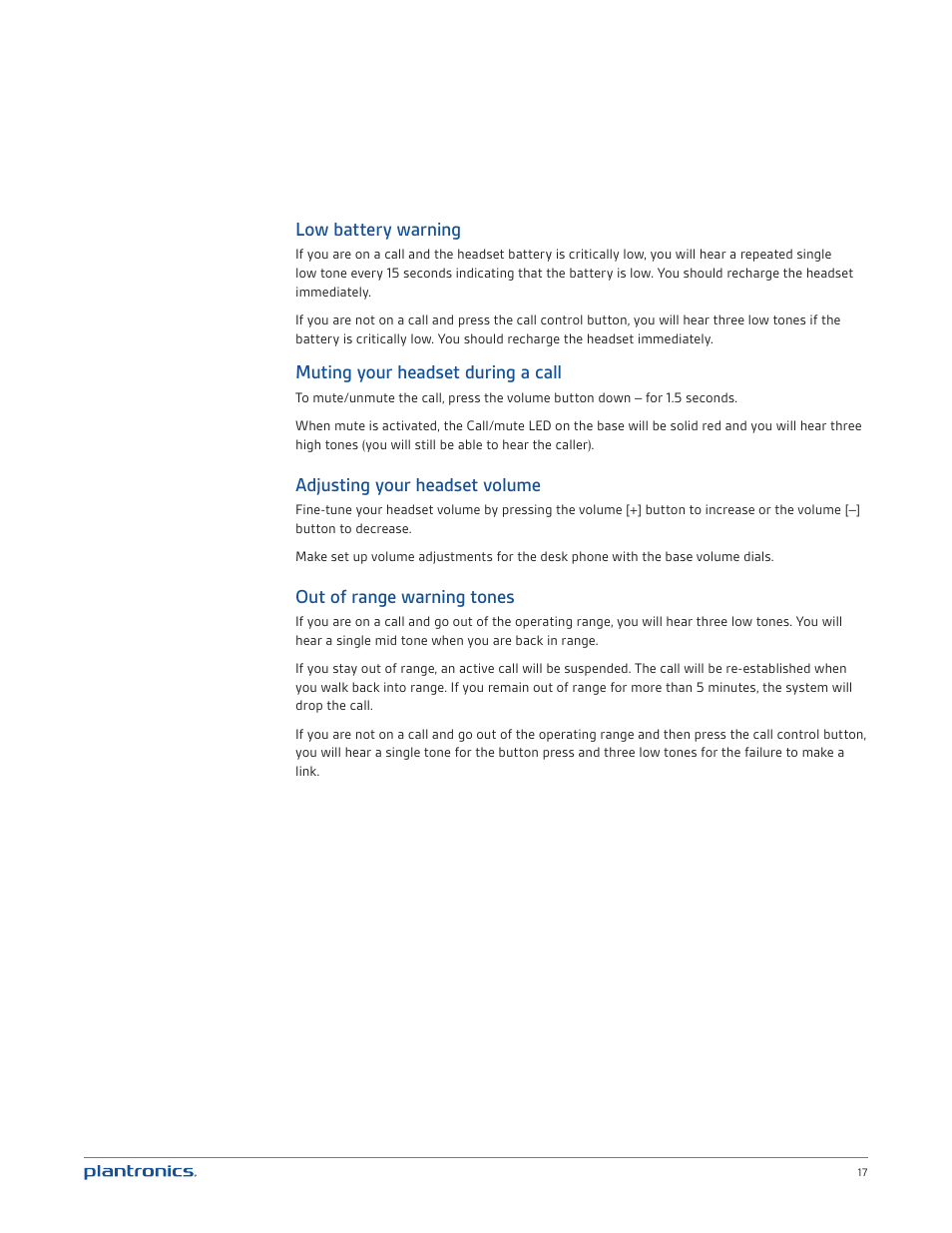 Low battery warning, Muting your headset during a call, Adjusting your headset volume | Out of range warning tones | Plantronics CS530 User Manual | Page 17 / 22