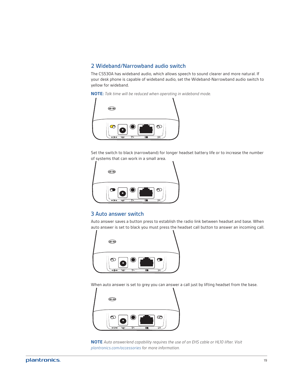 2 wideband/narrowband audio switch, 3 auto answer switch | Plantronics CS530 User Manual | Page 19 / 22