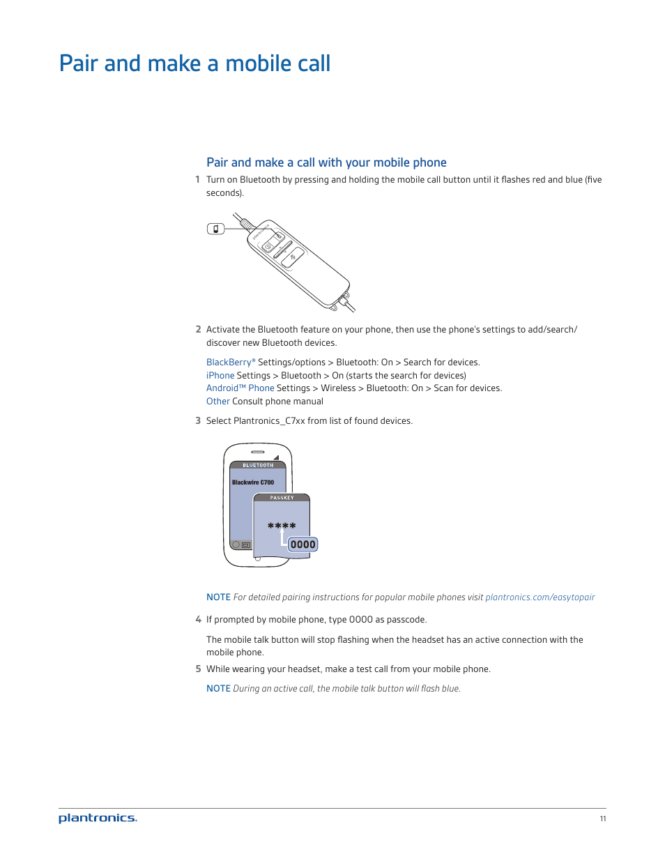 Pair and make a mobile call, Pair and make a call with your mobile phone | Plantronics Blackwire C720 User Manual | Page 11 / 23