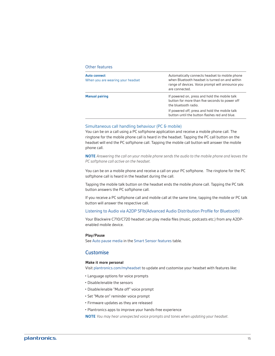 Customise | Plantronics Blackwire C720 User Manual | Page 15 / 23