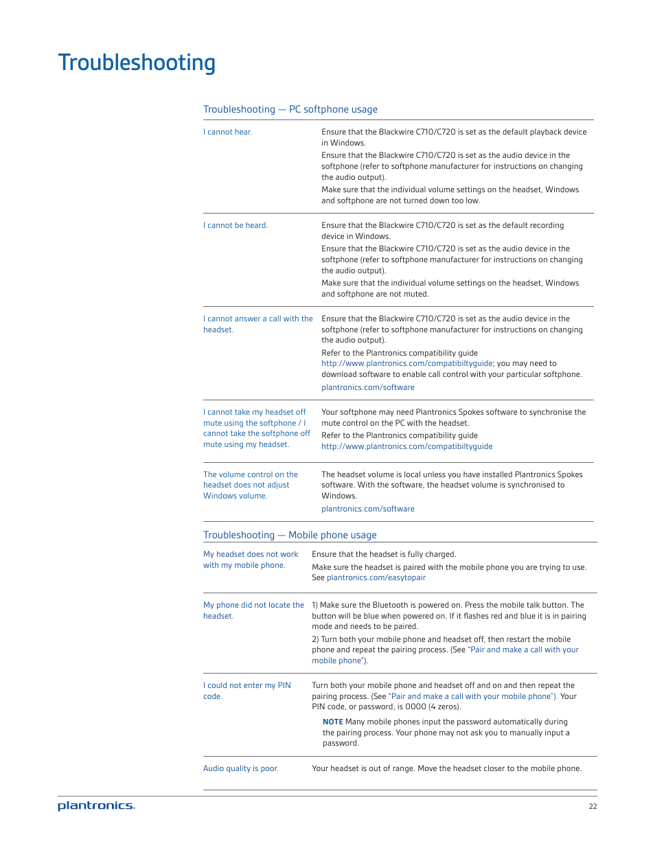 Troubleshooting | Plantronics Blackwire C720 User Manual | Page 22 / 23