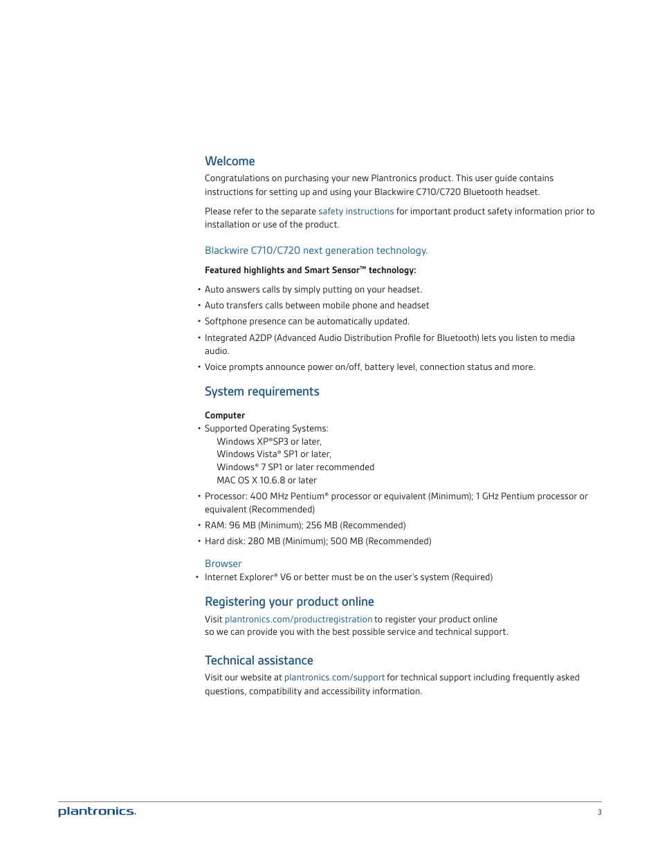 Welcome, System requirements, Registering your product online | Technical assistance | Plantronics Blackwire C720 User Manual | Page 3 / 23