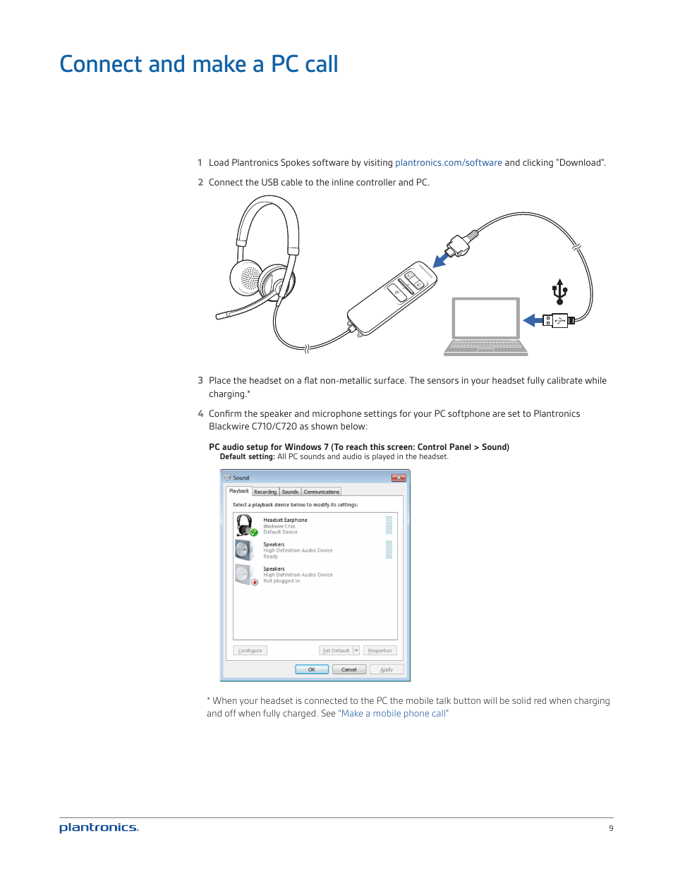 Connect and make a pc call | Plantronics Blackwire C720 User Manual | Page 9 / 23