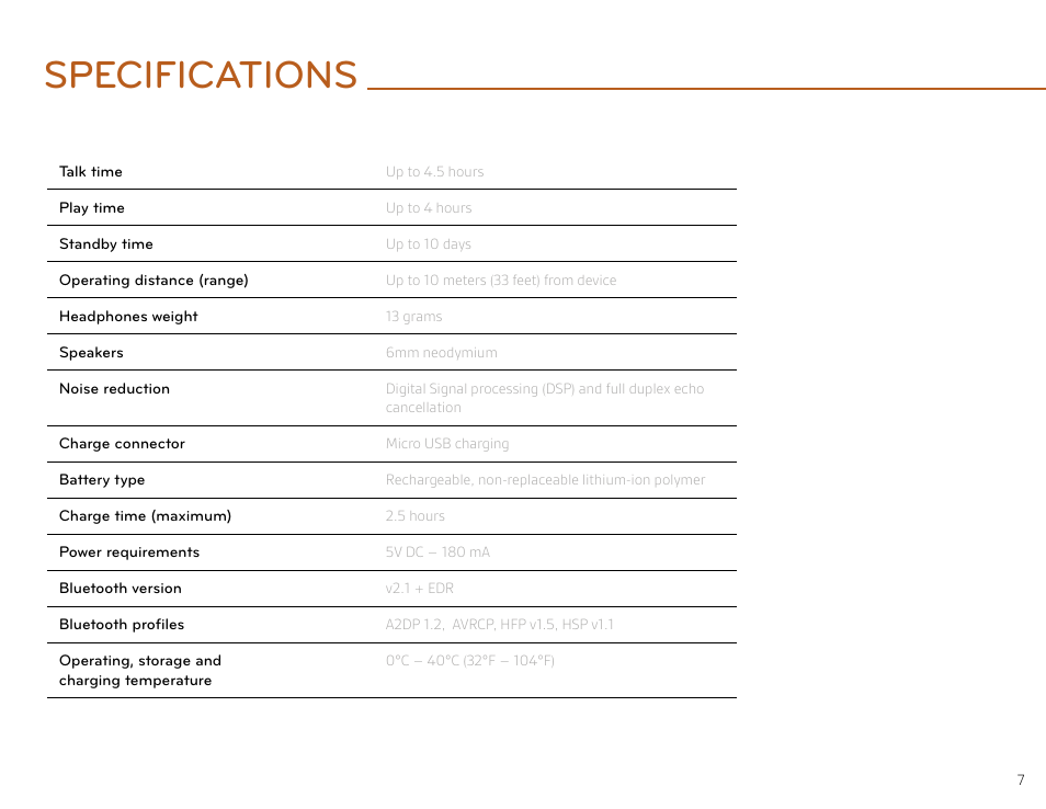 Specifications | Plantronics BackBeat GO User Manual | Page 7 / 9