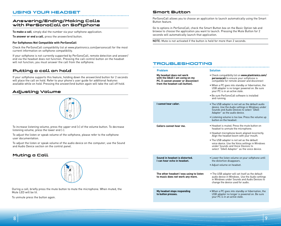 Using your headset, Troubleshooting | Plantronics DA45 User Manual | Page 5 / 6