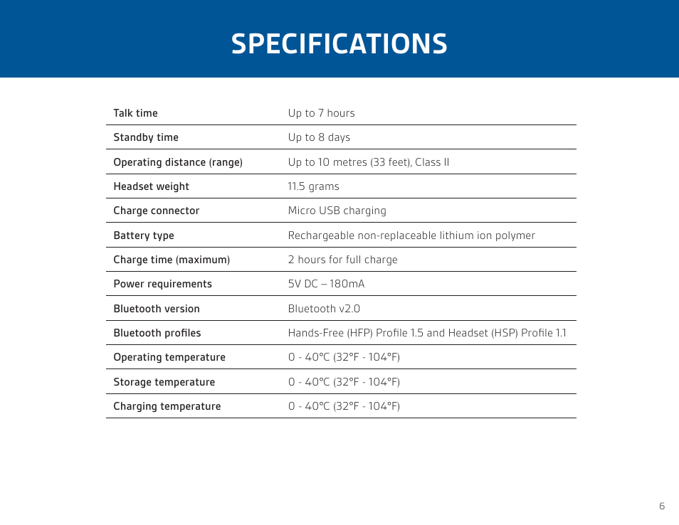 Specifications | Plantronics ML12 User Manual | Page 6 / 8