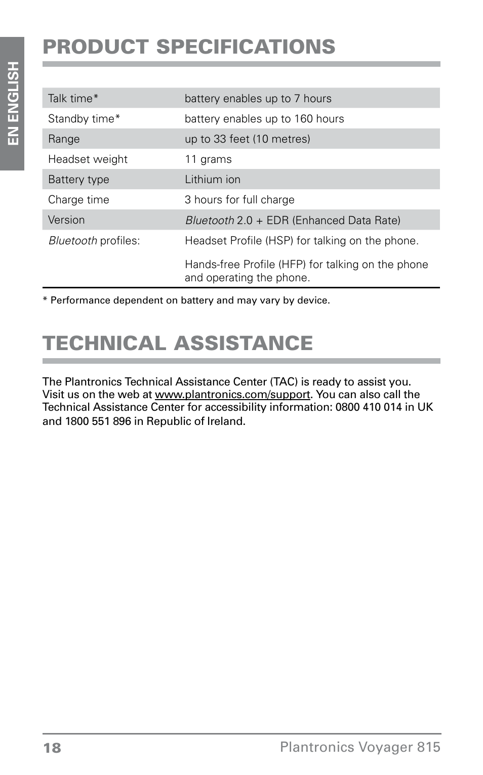 Product specifications, Technical assistance | Plantronics Voyager 815 User Manual | Page 18 / 19