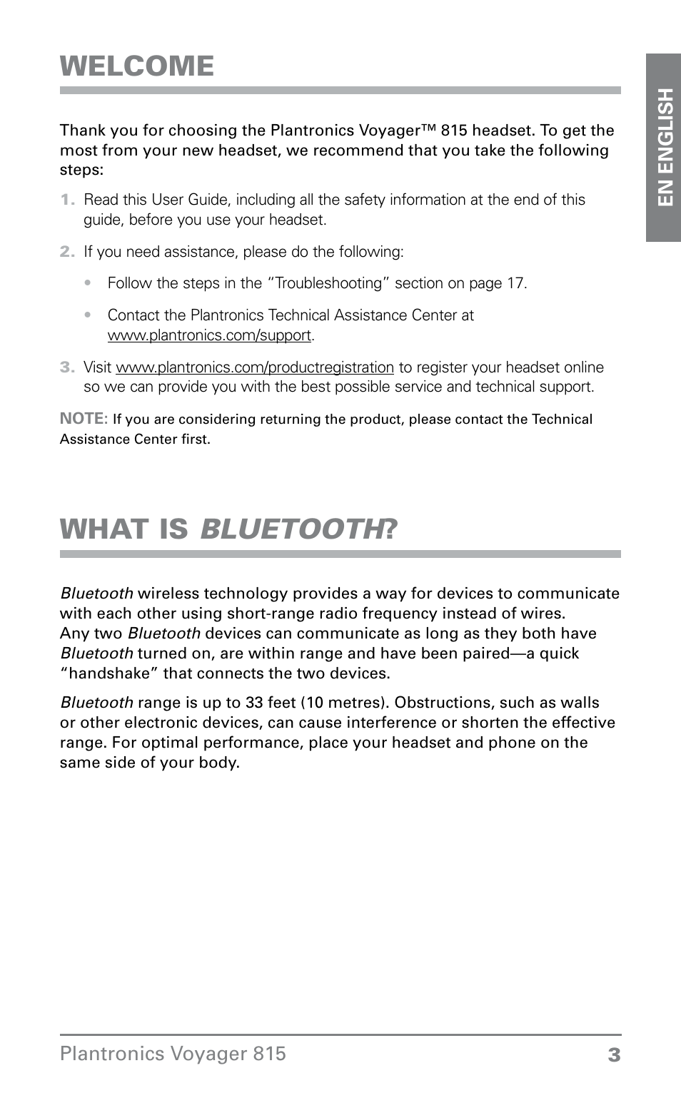 Welcome, What is bluetooth | Plantronics Voyager 815 User Manual | Page 3 / 19