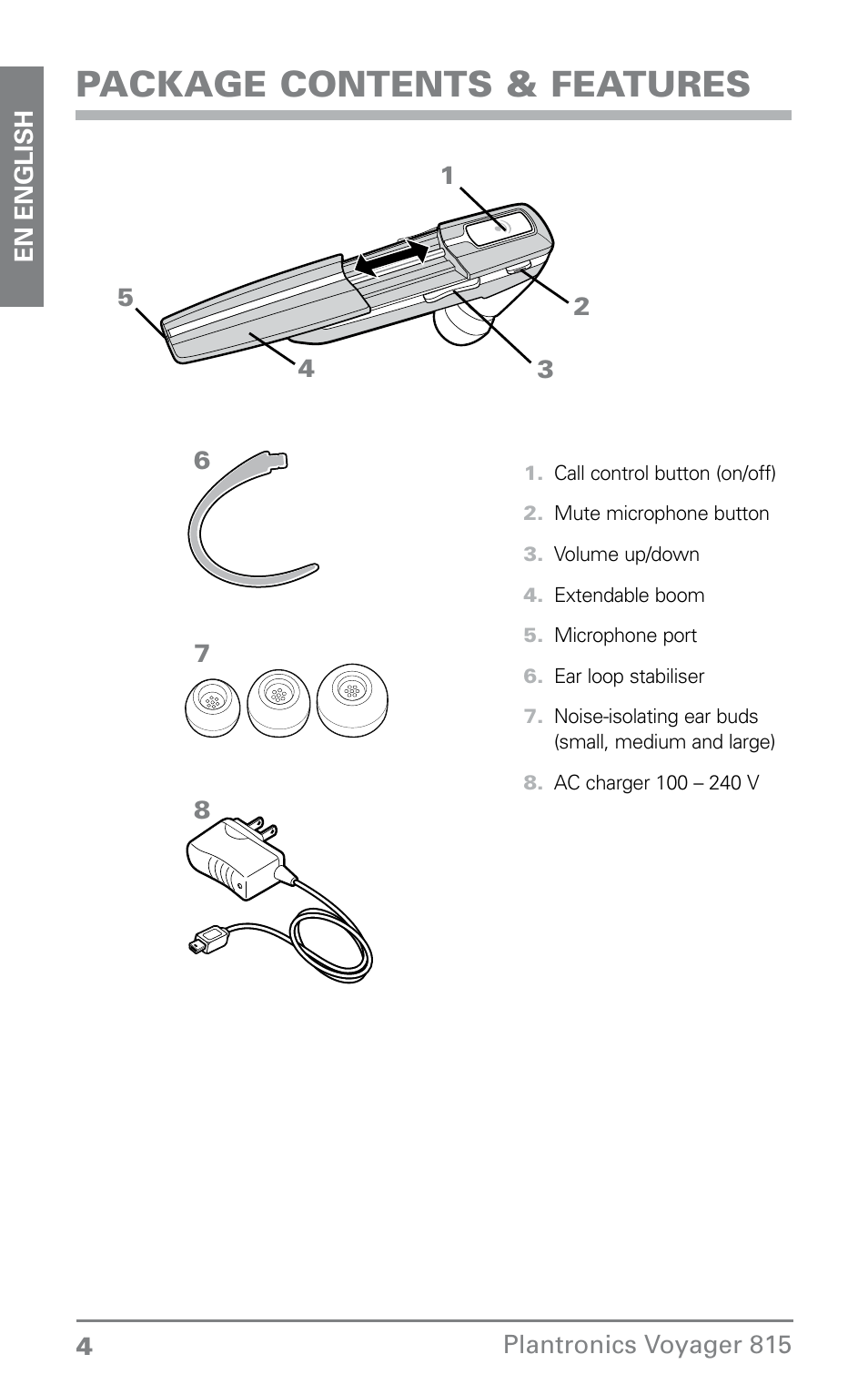 Package contents & features | Plantronics Voyager 815 User Manual | Page 4 / 19