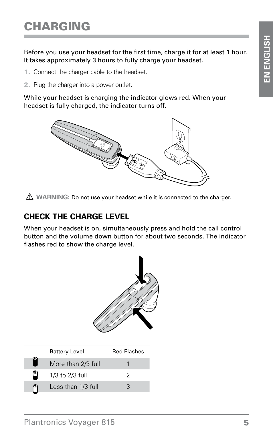 Charging | Plantronics Voyager 815 User Manual | Page 5 / 19