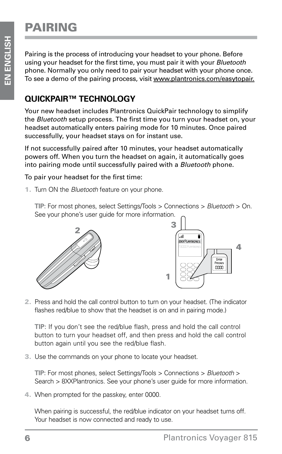 Pairing | Plantronics Voyager 815 User Manual | Page 6 / 19