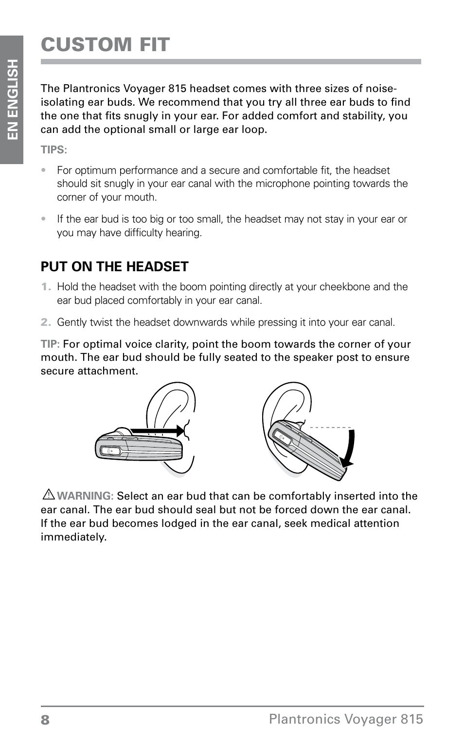 Custom fit | Plantronics Voyager 815 User Manual | Page 8 / 19