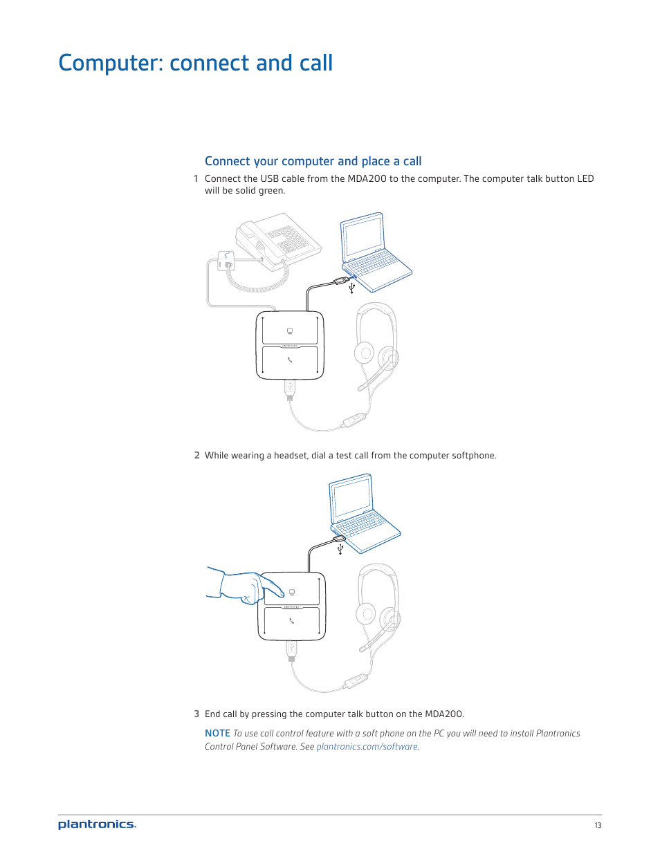 Computer: connect and call, Connect your computer and place a call | Plantronics MDA200 User Manual | Page 13 / 18