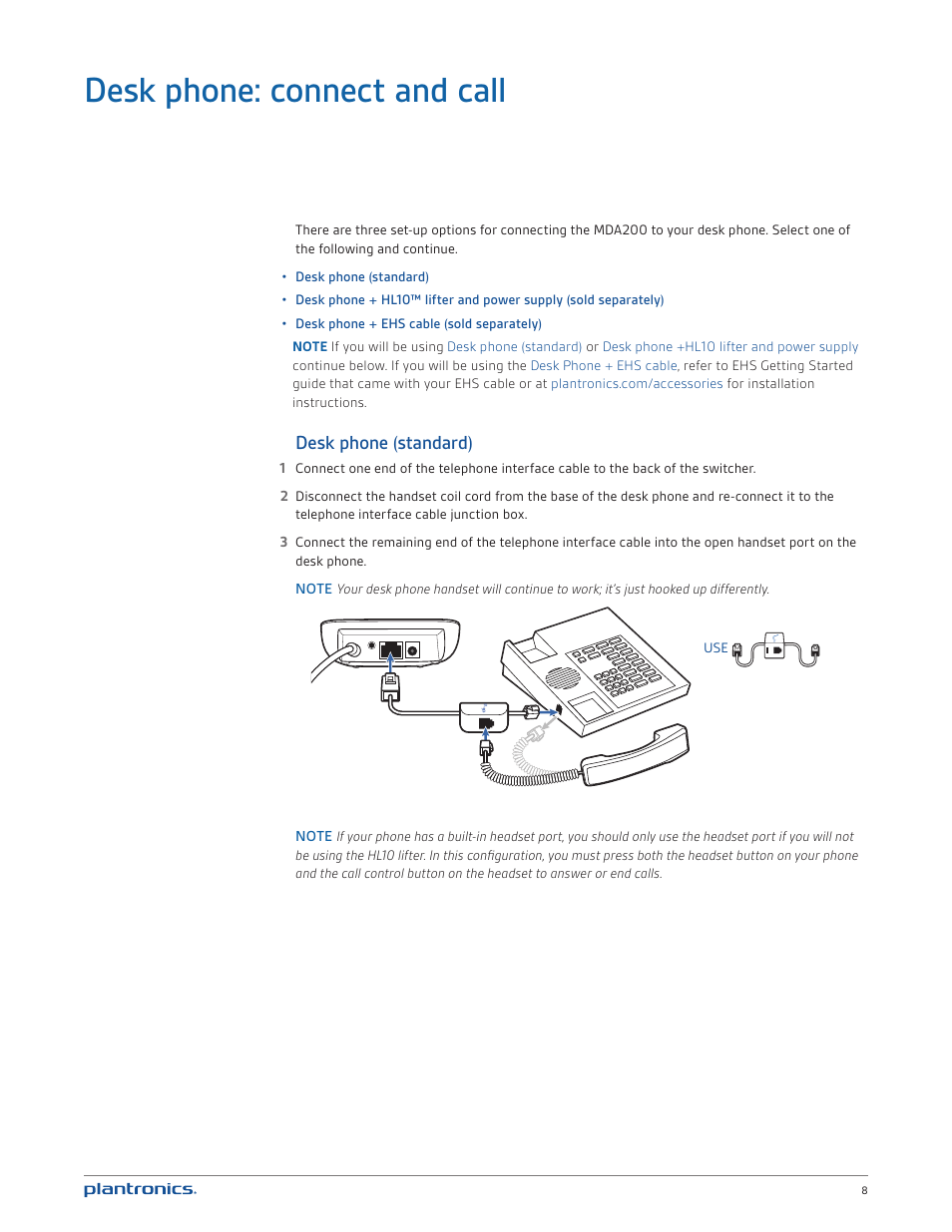 Desk phone: connect and call, Desk phone (standard) | Plantronics MDA200 User Manual | Page 8 / 18