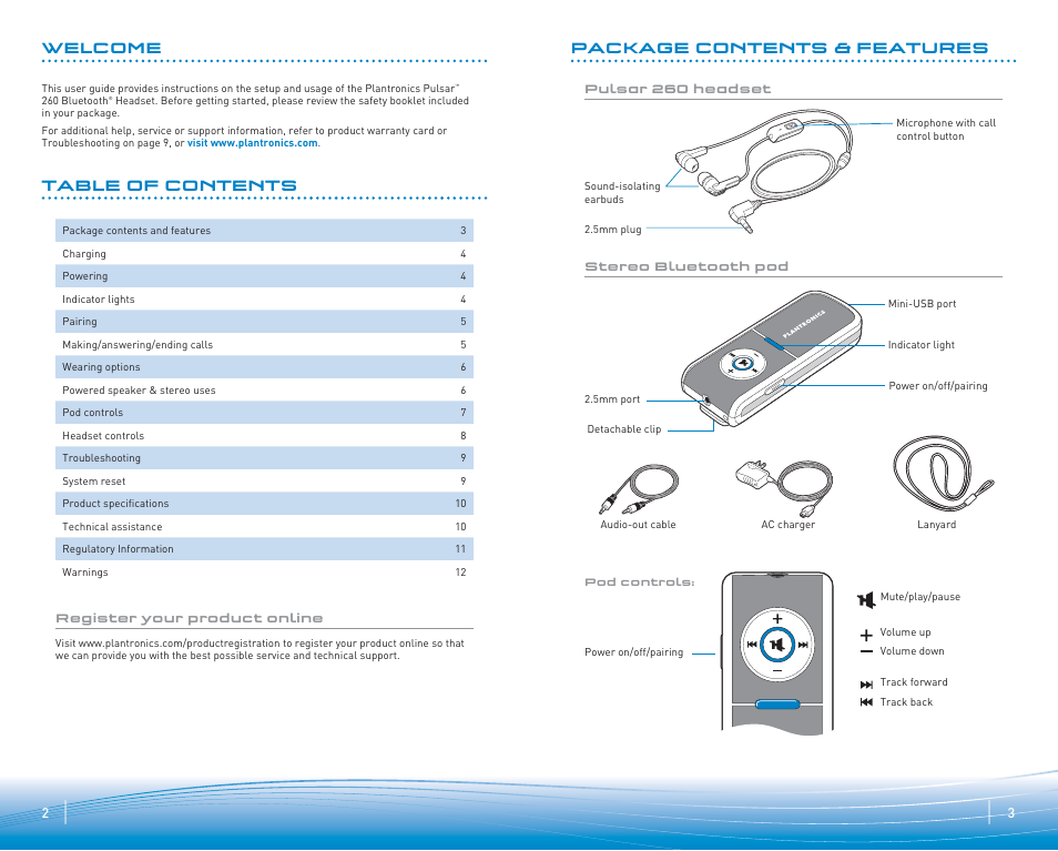 Plantronics Pulsar 260 Stereo Bluetooth headset User Manual | Page 2 / 7