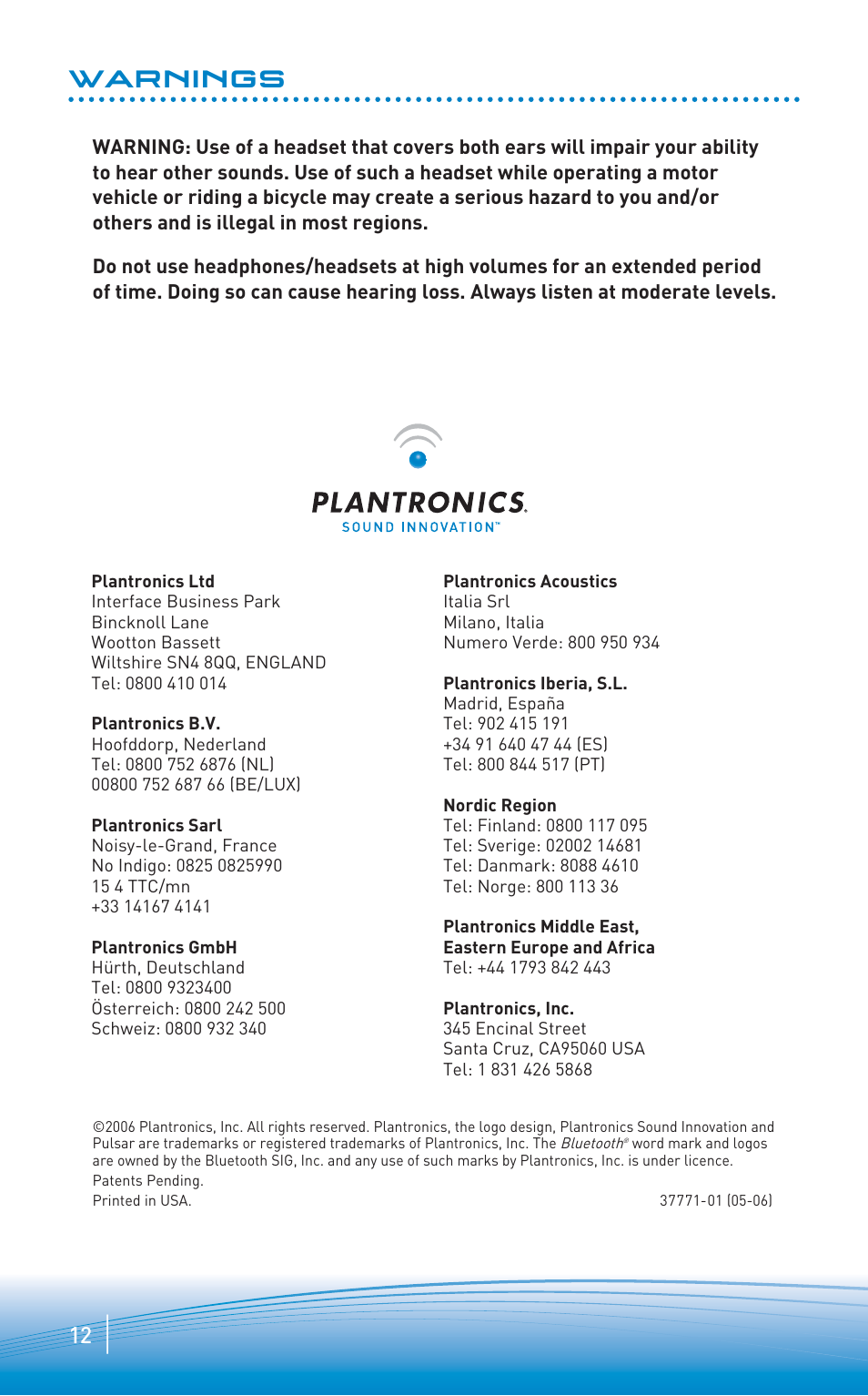 Plantronics Pulsar 260 Stereo Bluetooth headset User Manual | Page 7 / 7