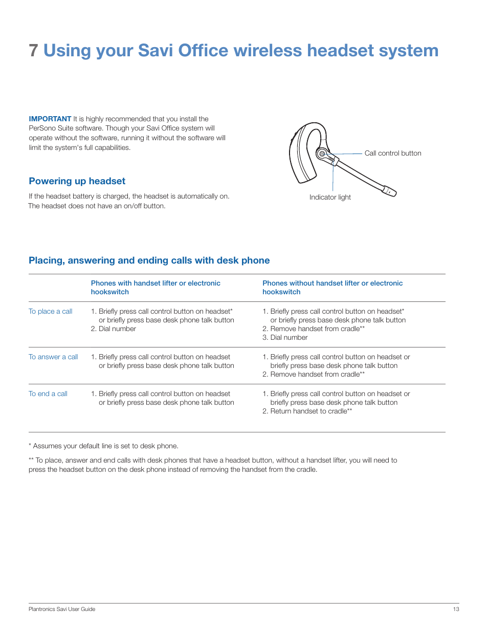 7using your savi office wireless headset system | Plantronics Savi Office WO200 User Manual | Page 13 / 28