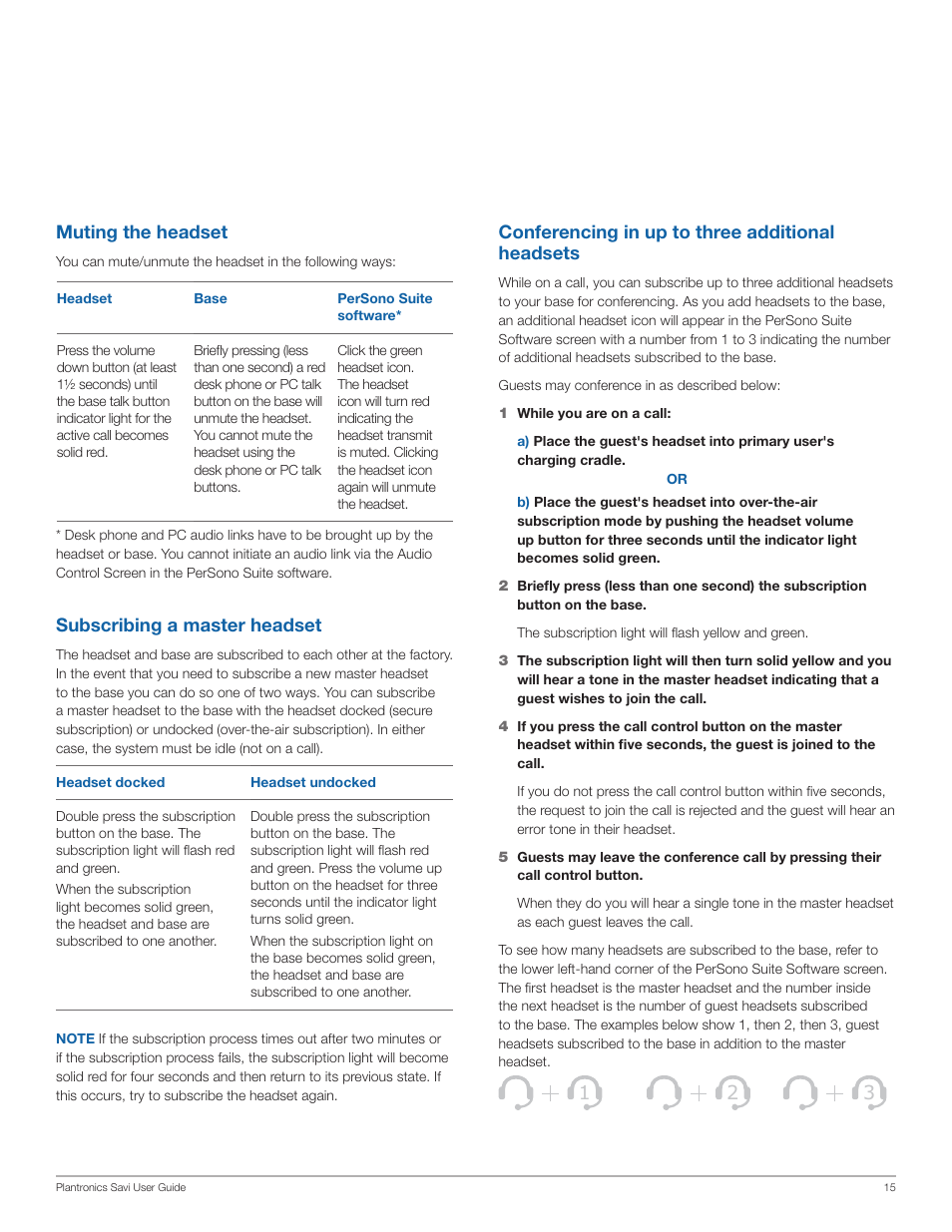 Subscribing a master headset, Muting the headset, Conferencing in up to three additional headsets | Plantronics Savi Office WO200 User Manual | Page 15 / 28