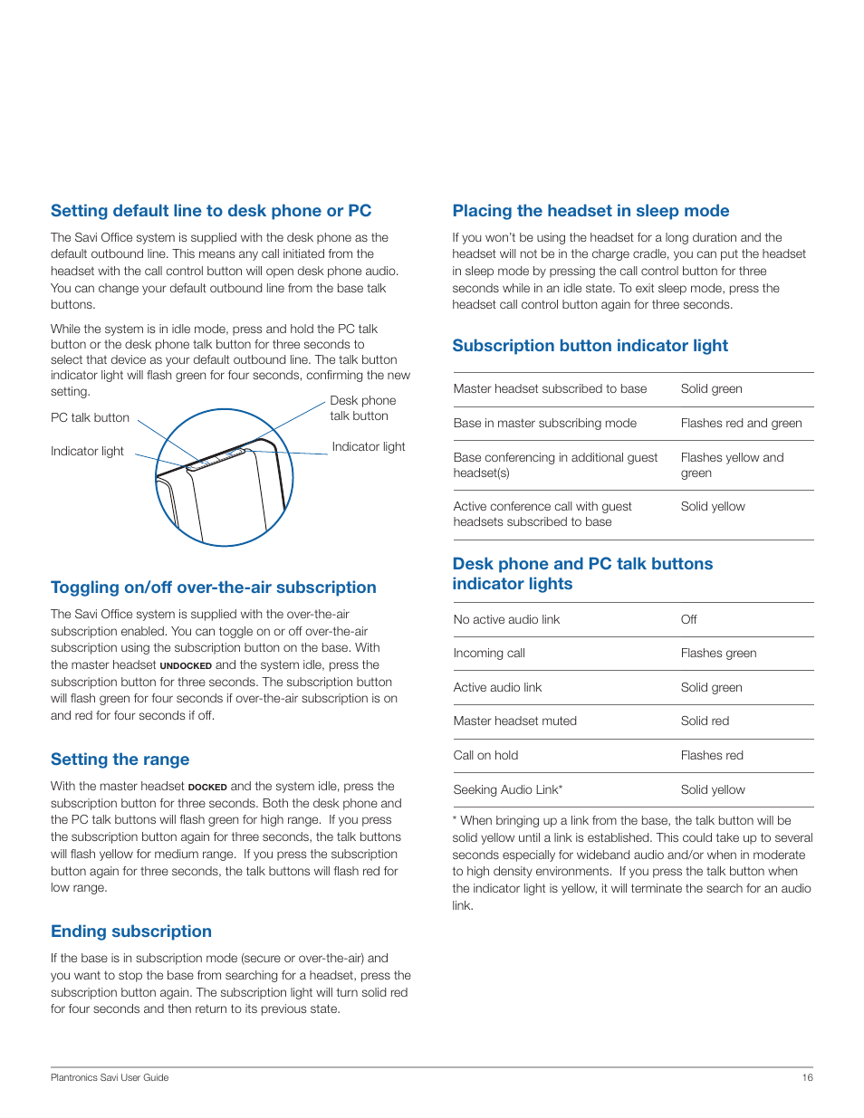 Toggling on/off over-the-air subscription, Setting the range, Ending subscription | Setting default line to desk phone or pc, Subscription button indicator light | Plantronics Savi Office WO200 User Manual | Page 16 / 28