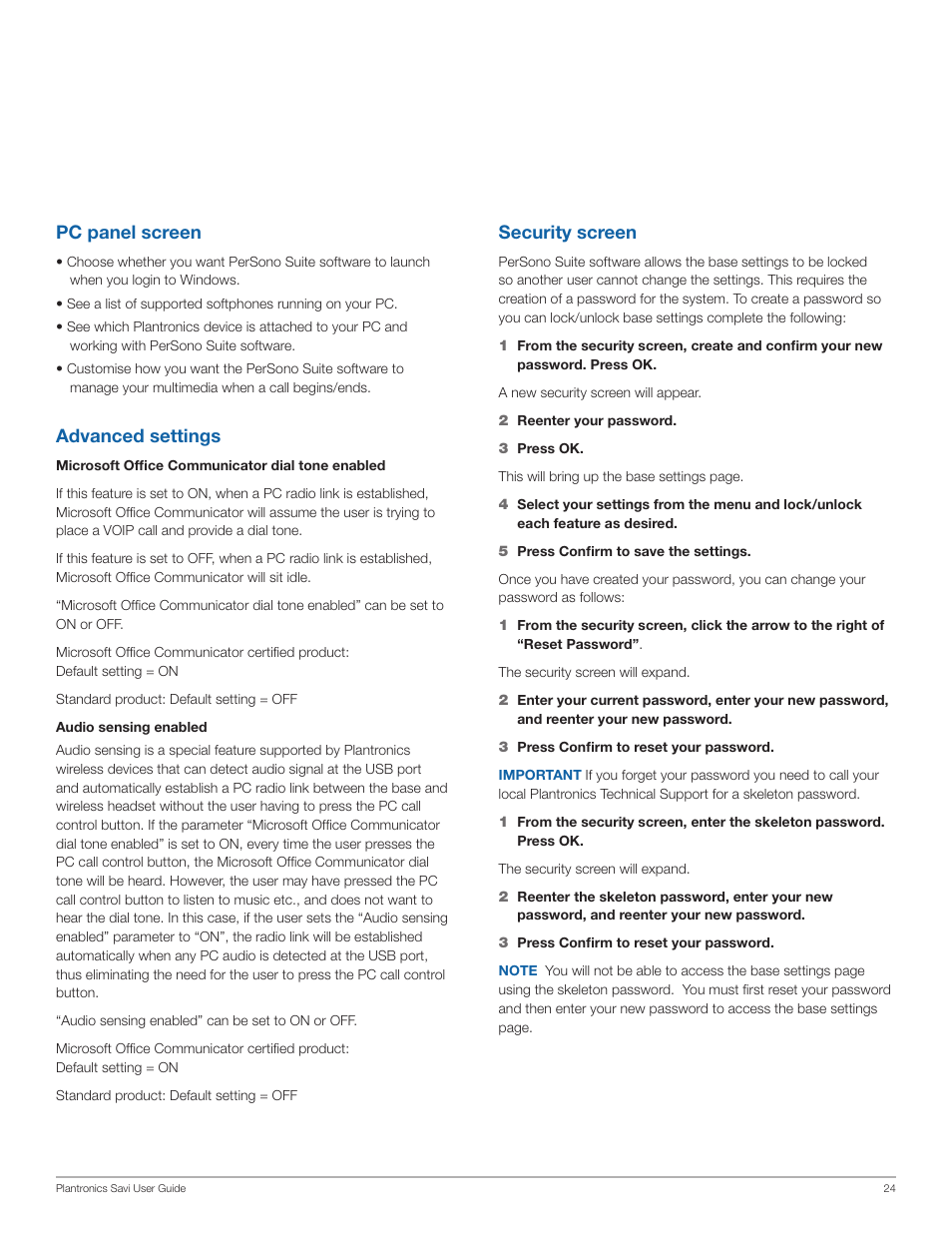 Pc panel screen, Advanced settings, Security screen | Plantronics Savi Office WO200 User Manual | Page 24 / 28