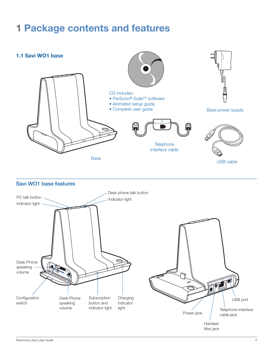 1package contents and features | Plantronics Savi Office WO200 User Manual | Page 4 / 28