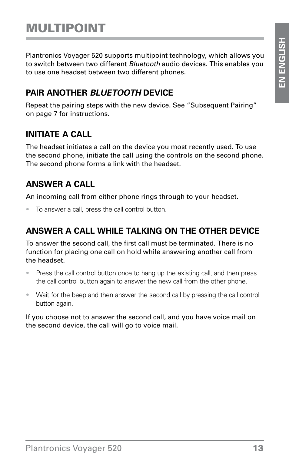 Multipoint | Plantronics Voyager 520 User Manual | Page 13 / 17