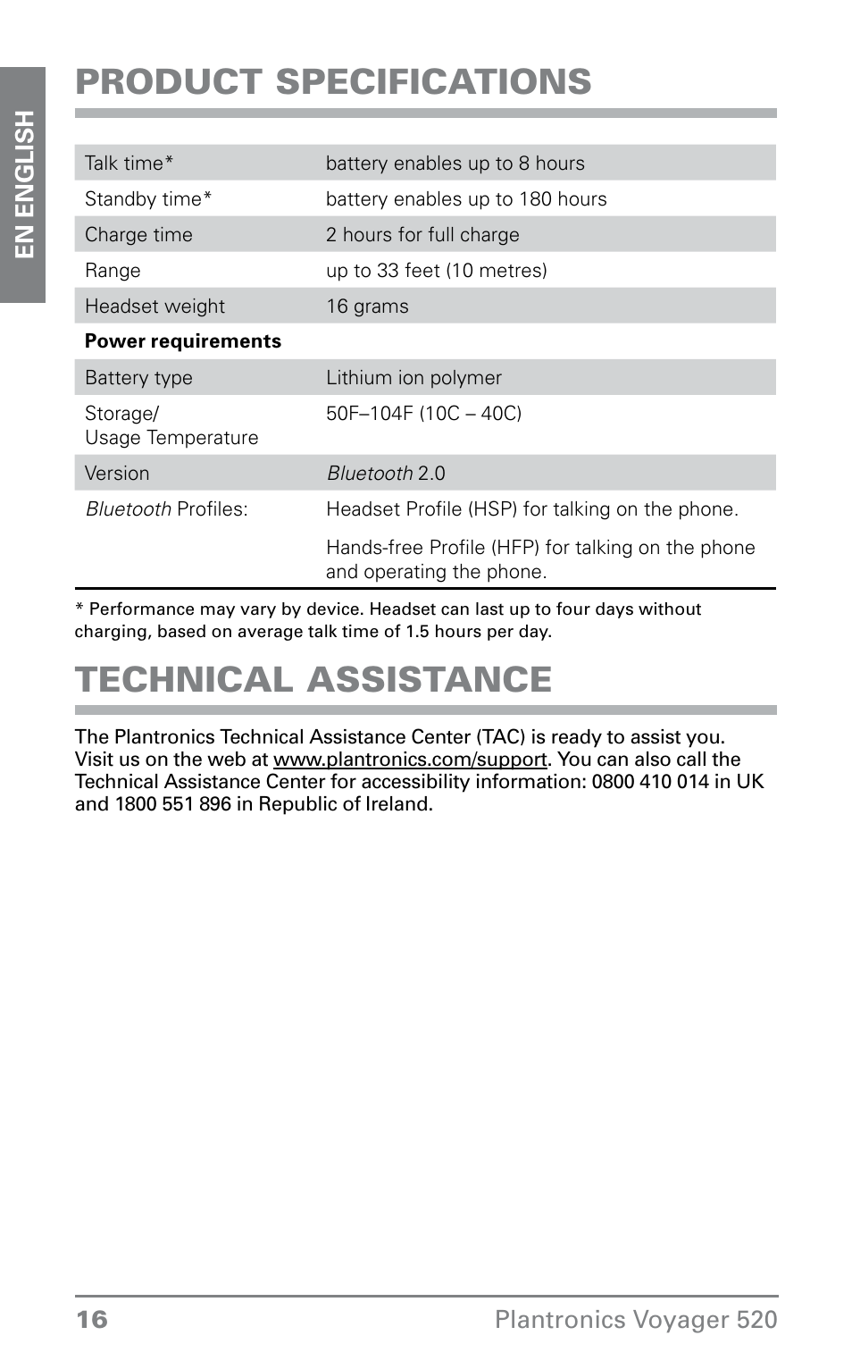 Product specifications, Technical assistance | Plantronics Voyager 520 User Manual | Page 16 / 17