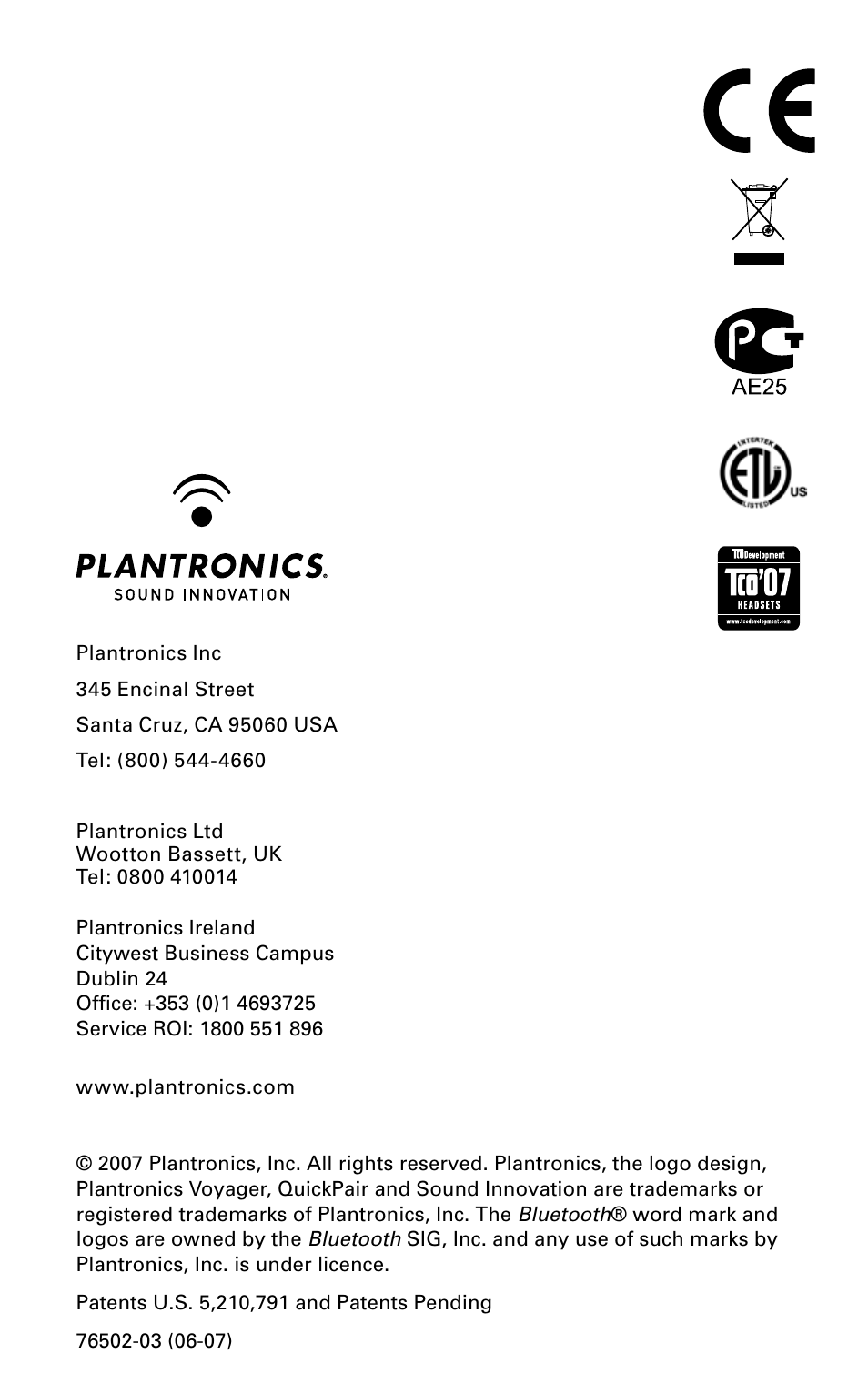 Plantronics Voyager 520 User Manual | Page 17 / 17