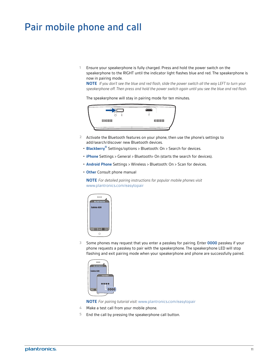 Pair mobile phone and call | Plantronics Calisto 620-M User Manual | Page 11 / 19