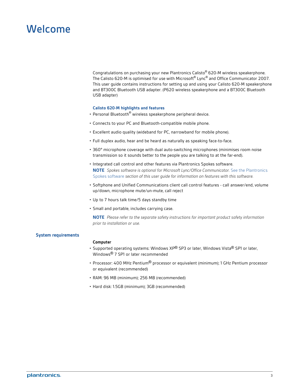 Welcome, System requirements | Plantronics Calisto 620-M User Manual | Page 3 / 19