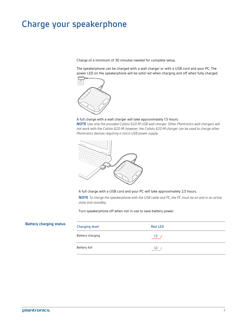 Charge your speakerphone, Battery charging status | Plantronics Calisto 620-M User Manual | Page 7 / 19