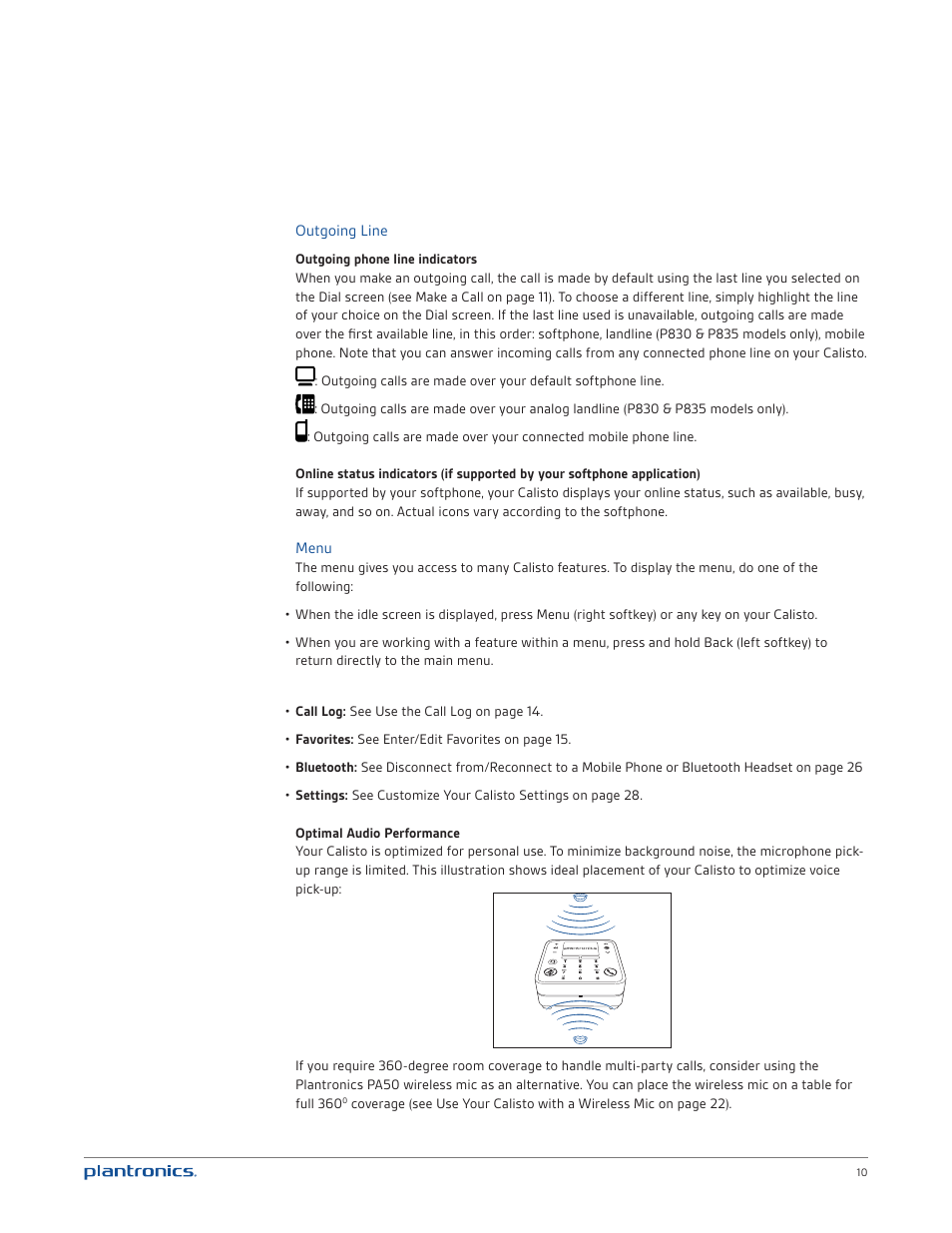 Outgoing line, Menu | Plantronics Calisto 835 User Manual | Page 10 / 39