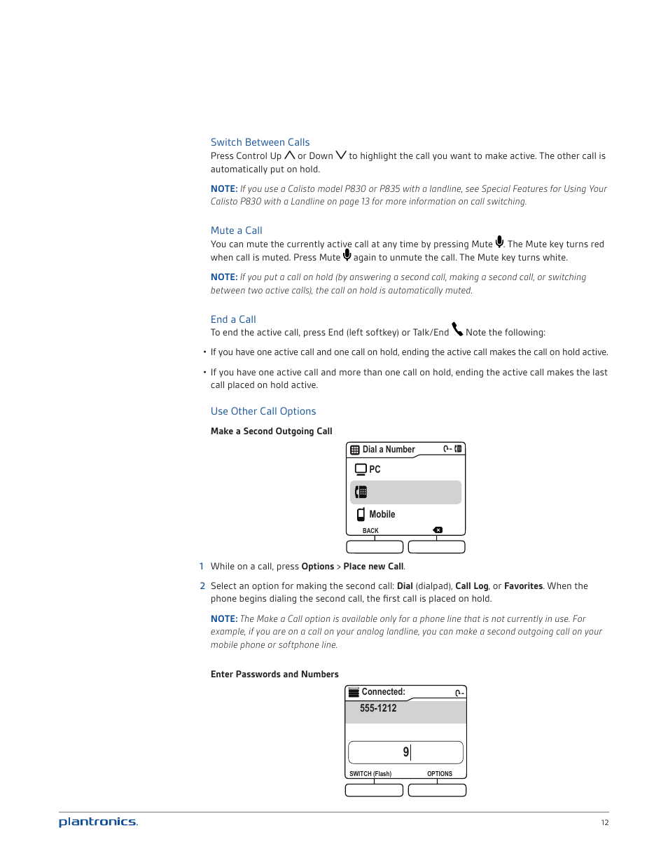 Switch between calls, Mute a call, End a call | Use other call options | Plantronics Calisto 835 User Manual | Page 12 / 39