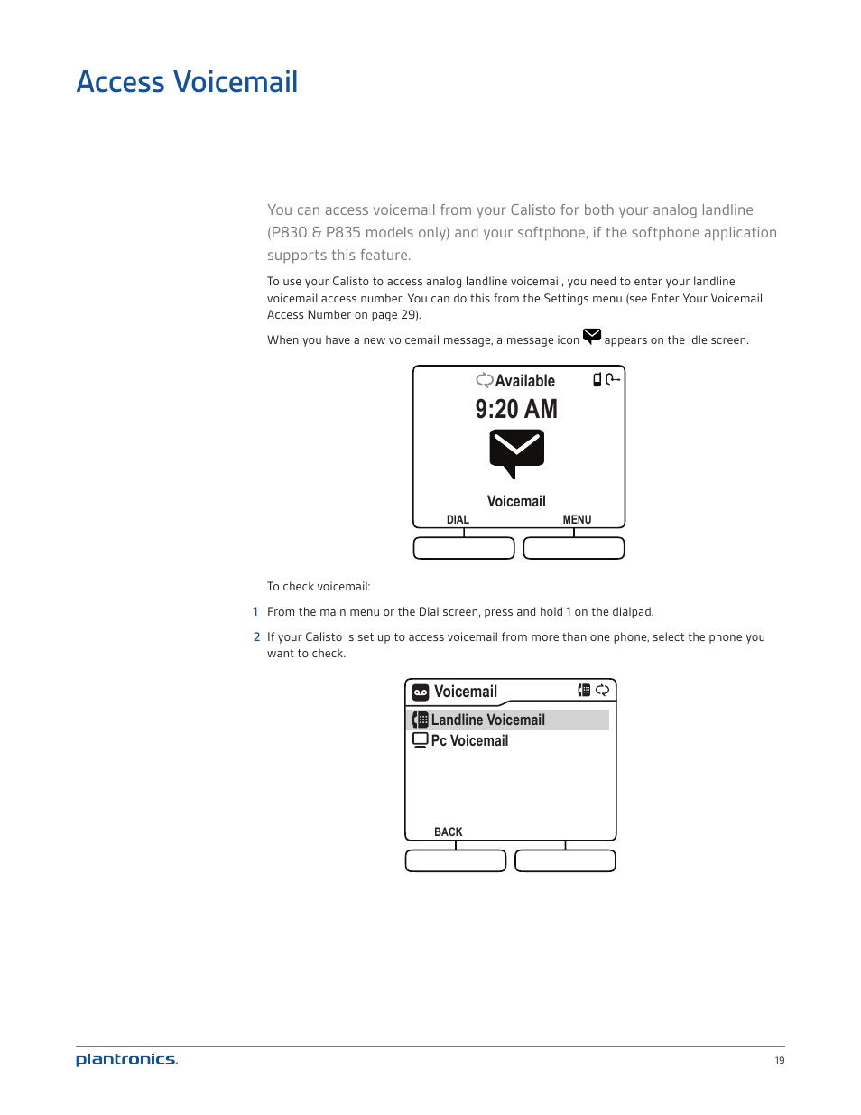 Access voicemail, Access voicemail 19, 20 am | Plantronics Calisto 835 User Manual | Page 19 / 39