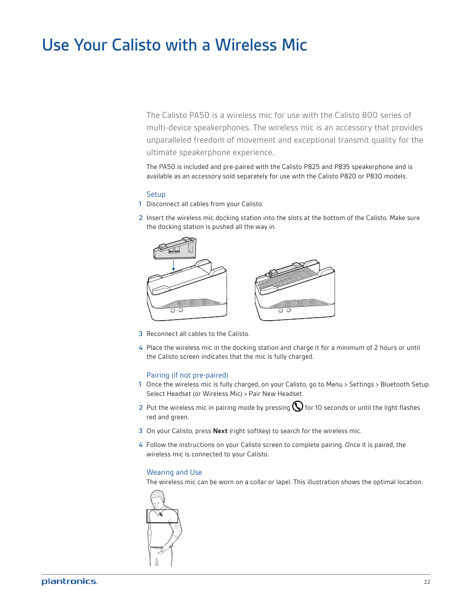 Use your calisto with a wireless mic, Setup, Pairing (if not pre-paired) | Wearing and use, Use your calisto with a wireless mic 22 | Plantronics Calisto 835 User Manual | Page 22 / 39