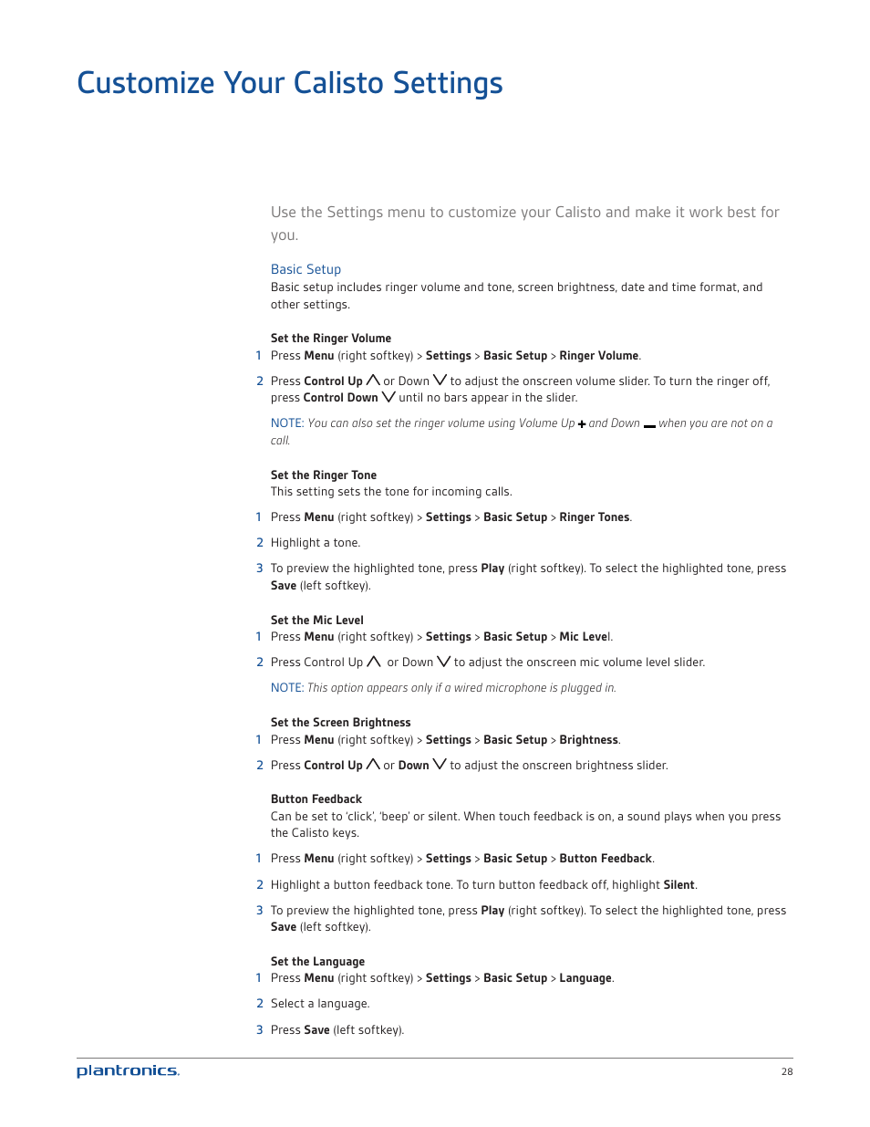 Customize your calisto settings, Basic setup | Plantronics Calisto 835 User Manual | Page 28 / 39