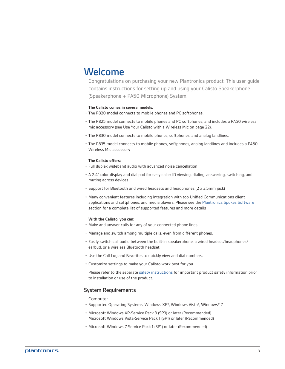 Welcome, System requirements, Computer | Plantronics Calisto 835 User Manual | Page 3 / 39