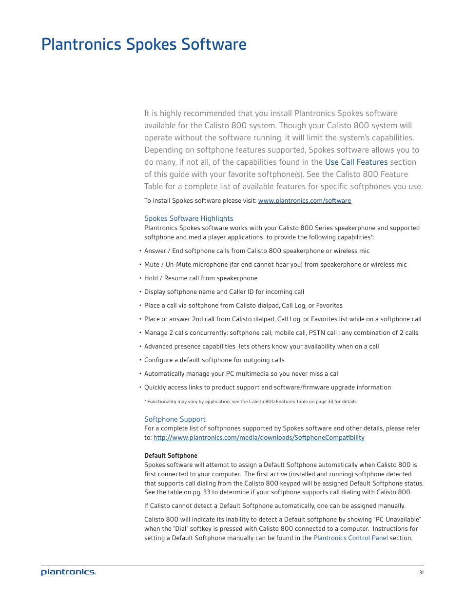 Plantronics spokes software, Spokes software highlights, Softphone support | Plantronics Calisto 835 User Manual | Page 31 / 39