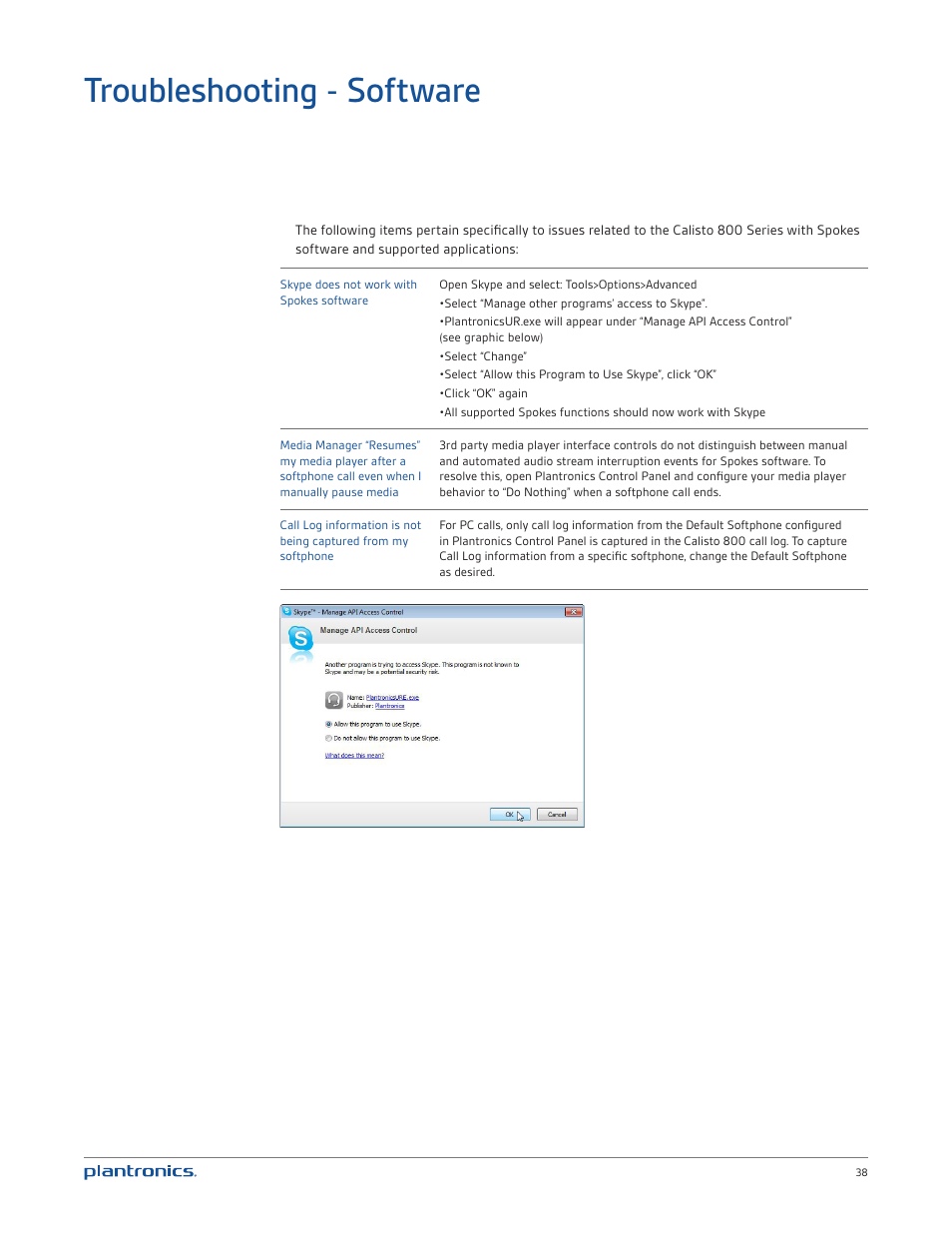 Troubleshooting - software | Plantronics Calisto 835 User Manual | Page 38 / 39