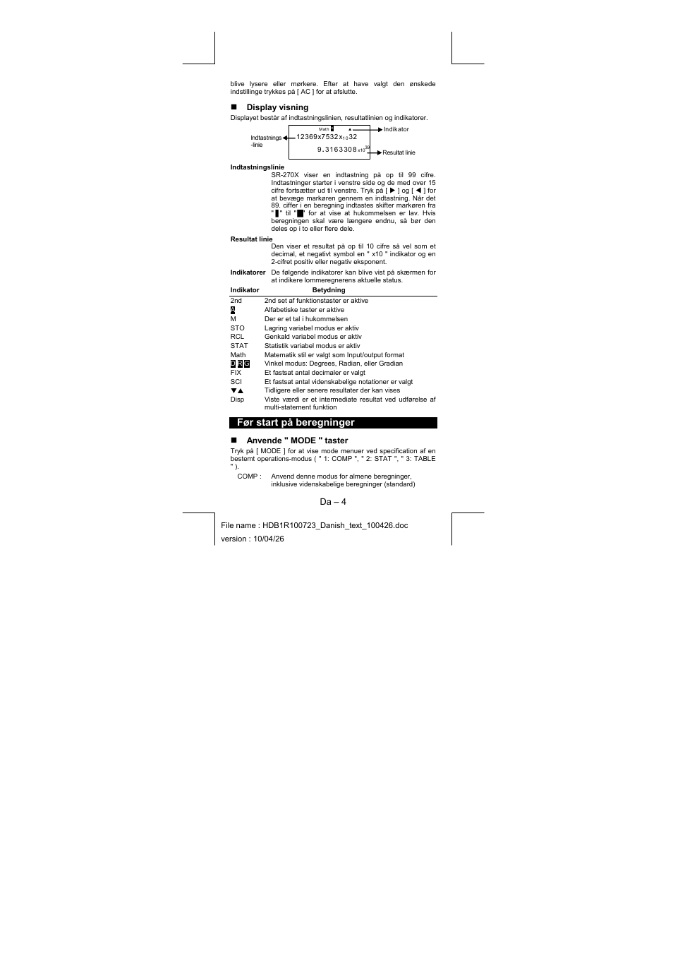 Før start på beregninger | CITIZEN SR-270XPU User Manual | Page 6 / 125