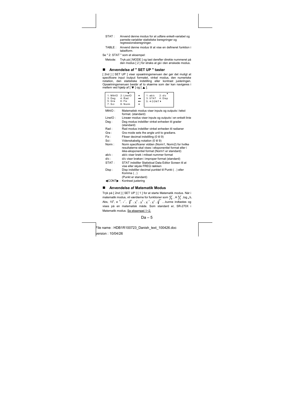 Da – 5, Anvendelse af " set up " taster, Anvendelse af matematik modus | CITIZEN SR-270XPU User Manual | Page 7 / 125