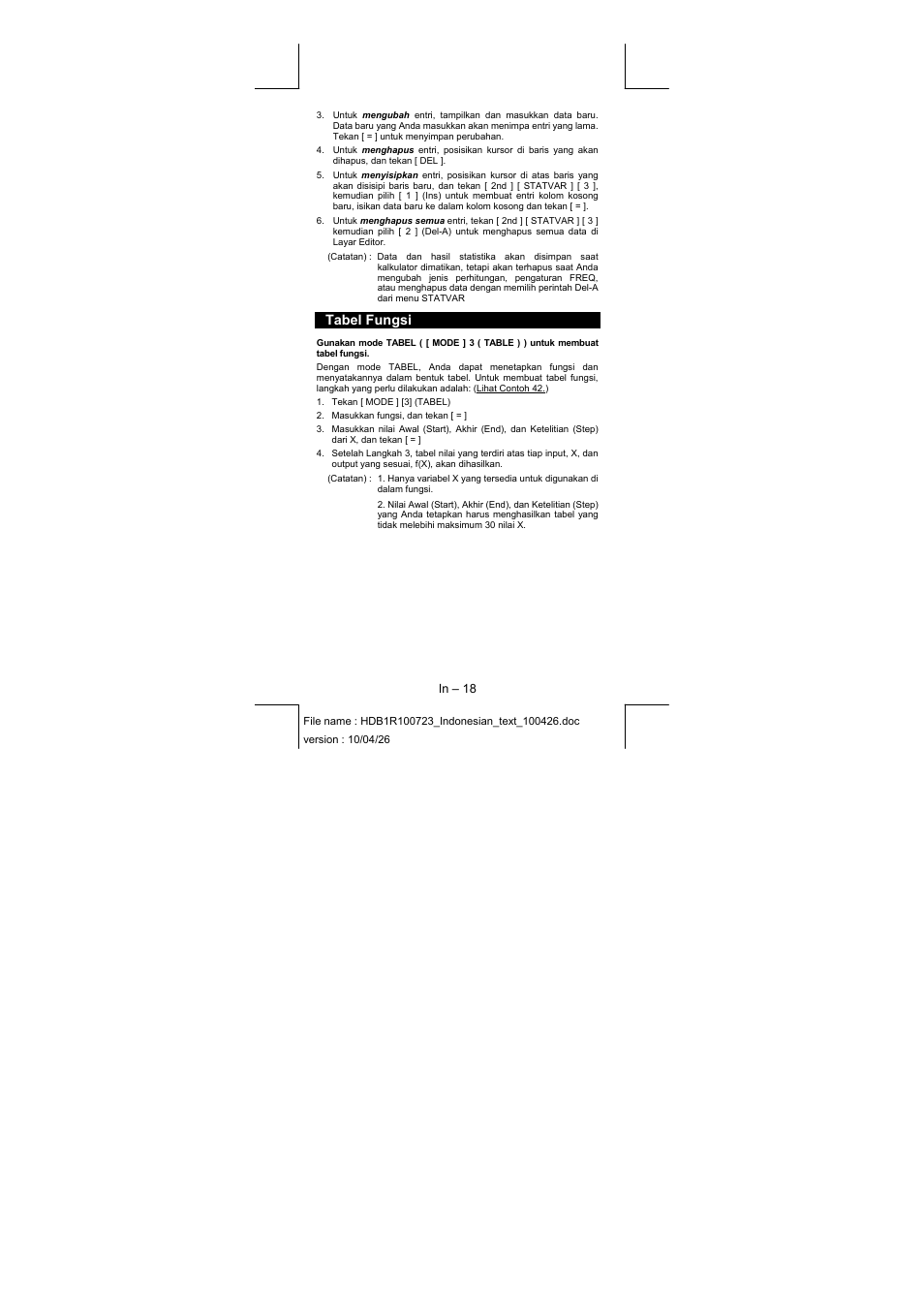 Tabel fungsi | CITIZEN SR-270XPU User Manual | Page 88 / 125