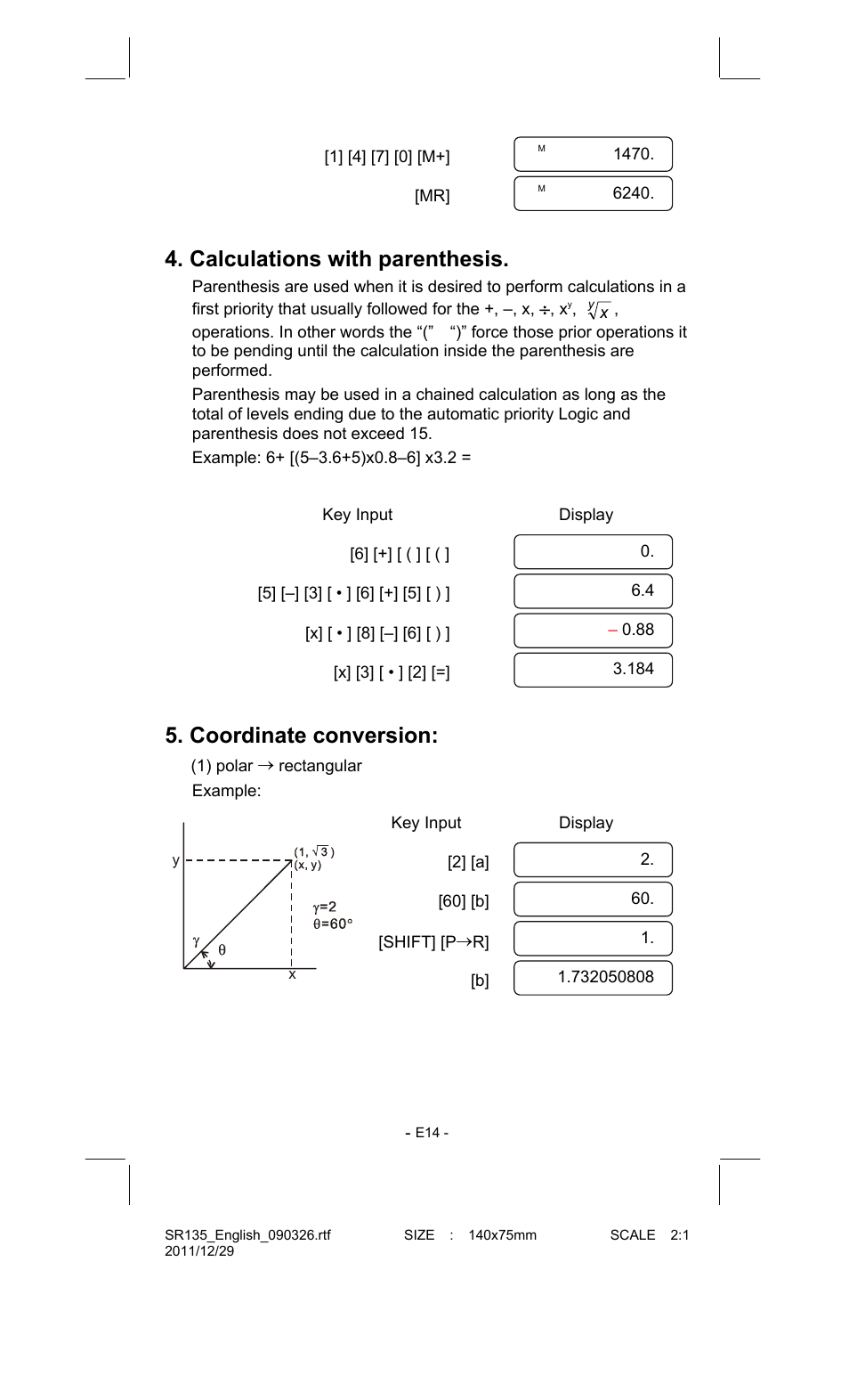 Calculations with parenthesis, Coordinate conversion | CITIZEN SR-135FRD User Manual | Page 15 / 111